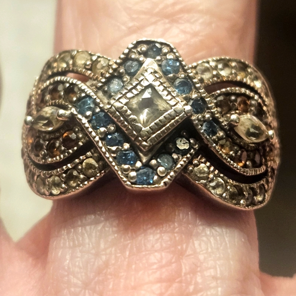 DECO STYLE RING VTG.STRIKING DESIGN OF STERLING, CZ,AQUAMARINE,TOPAZ,ETC.! ♡